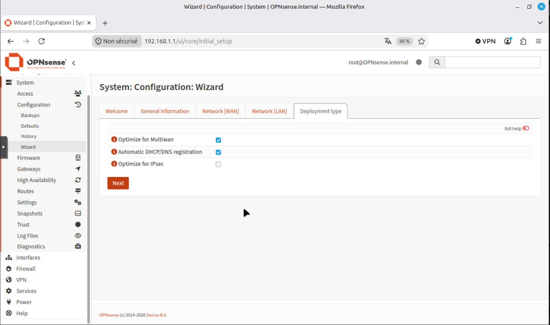 Onglet du type de déploiement de l'assistant de configuration OPNsense