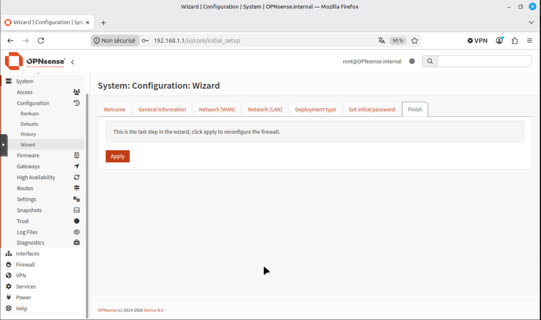 Dernier onglet de l'assistant de configuration OPNsense avec le bouton Apply
