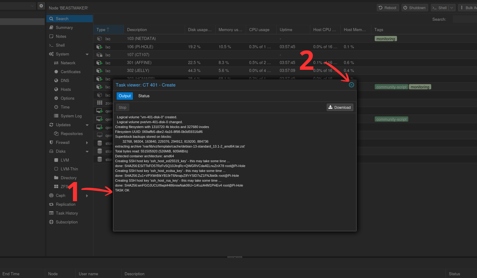 Le log de création du conteneur — TASK OK en dernière ligne