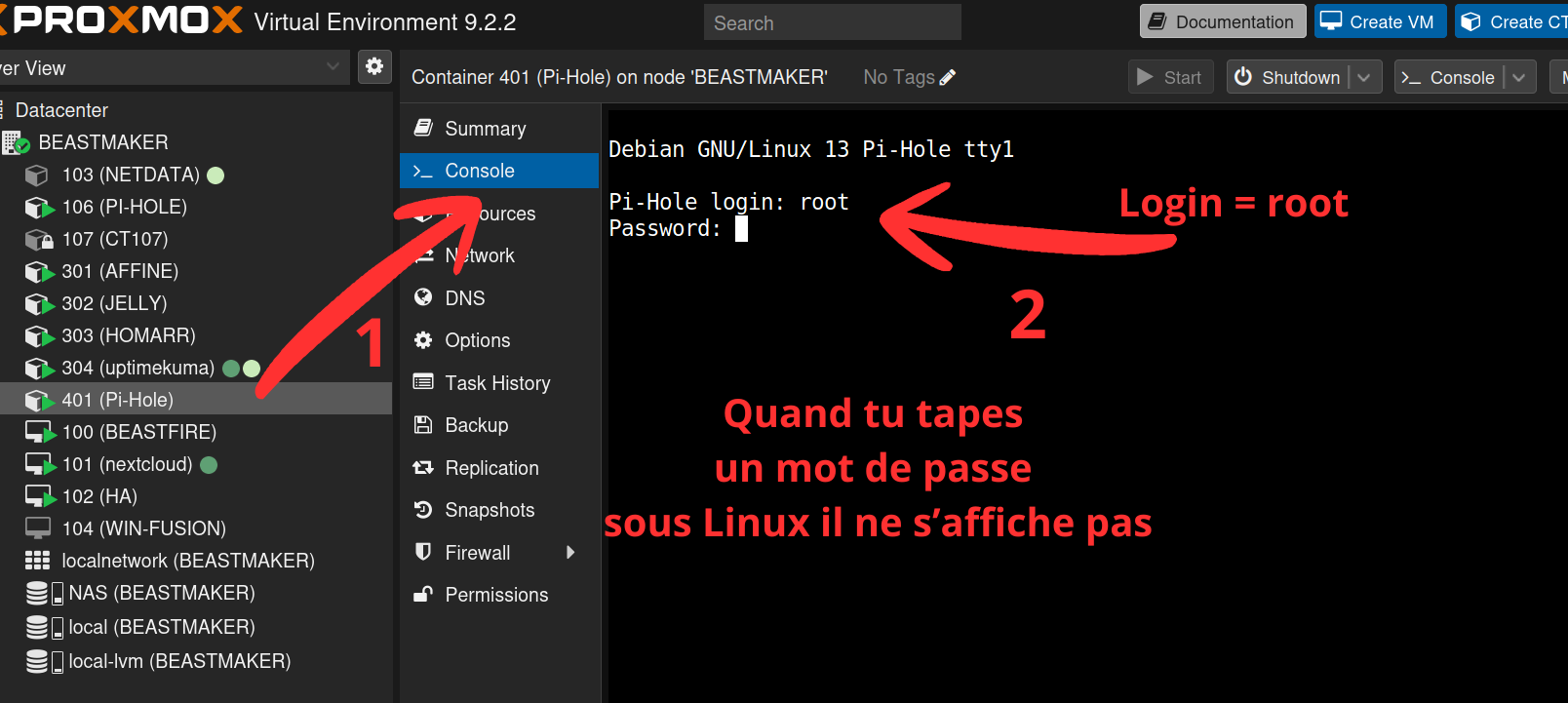 Connexion à la console du conteneur depuis l'interface Proxmox