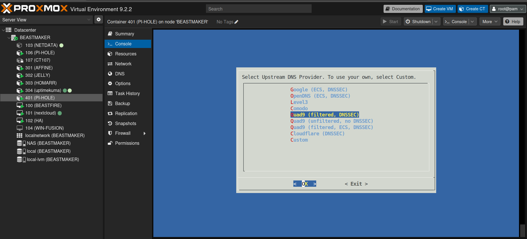 Sélection de Quad9 comme serveur DNS upstream