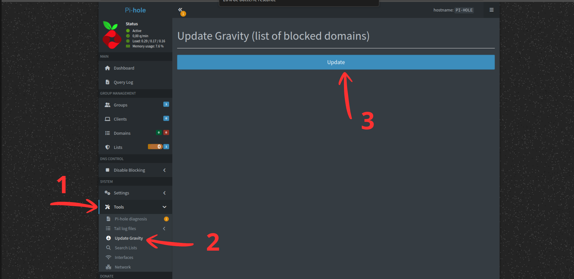 Lancement de la mise à jour de Gravity depuis l'interface