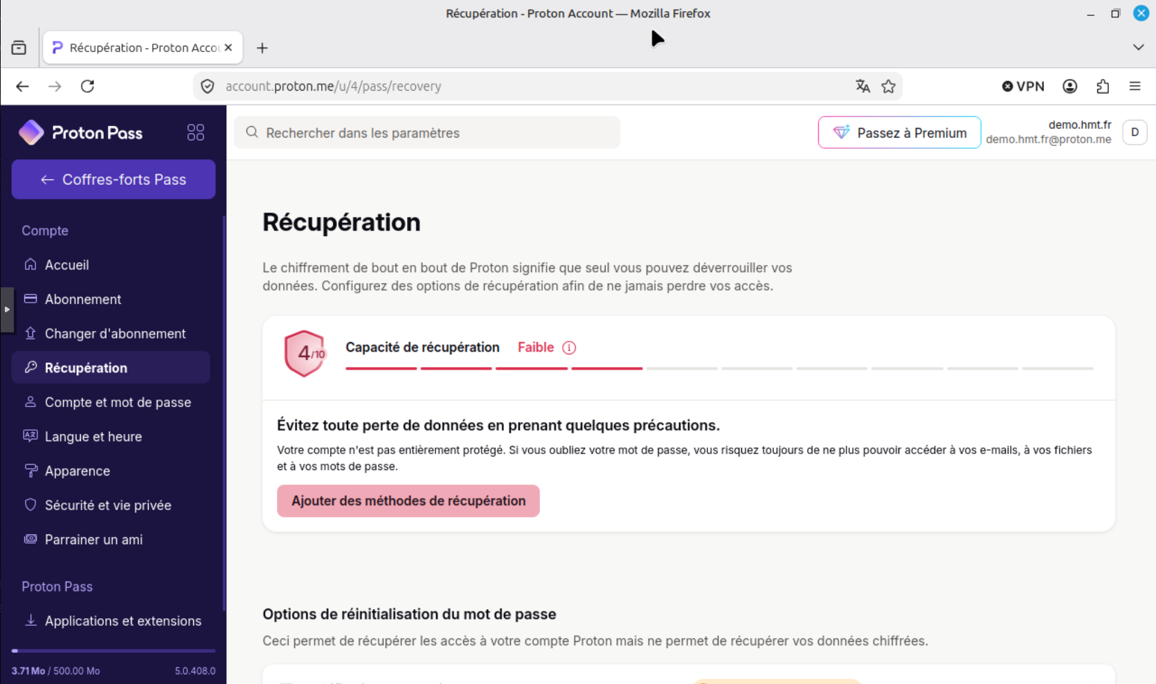 Interface Proton affichant une capacité de récupération de 4 sur 10 et le message indiquant que réinitialiser le mot de passe ne permet pas de récupérer les données chiffrées.