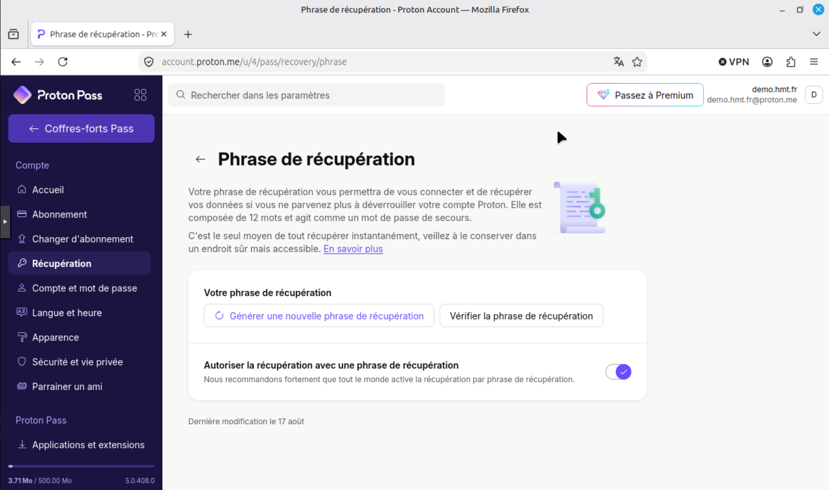 Paramètres Proton de la phrase de récupération, indiquant qu'elle est composée de 12 mots et qu'elle est le seul moyen de tout récupérer, avec la récupération par phrase activée.