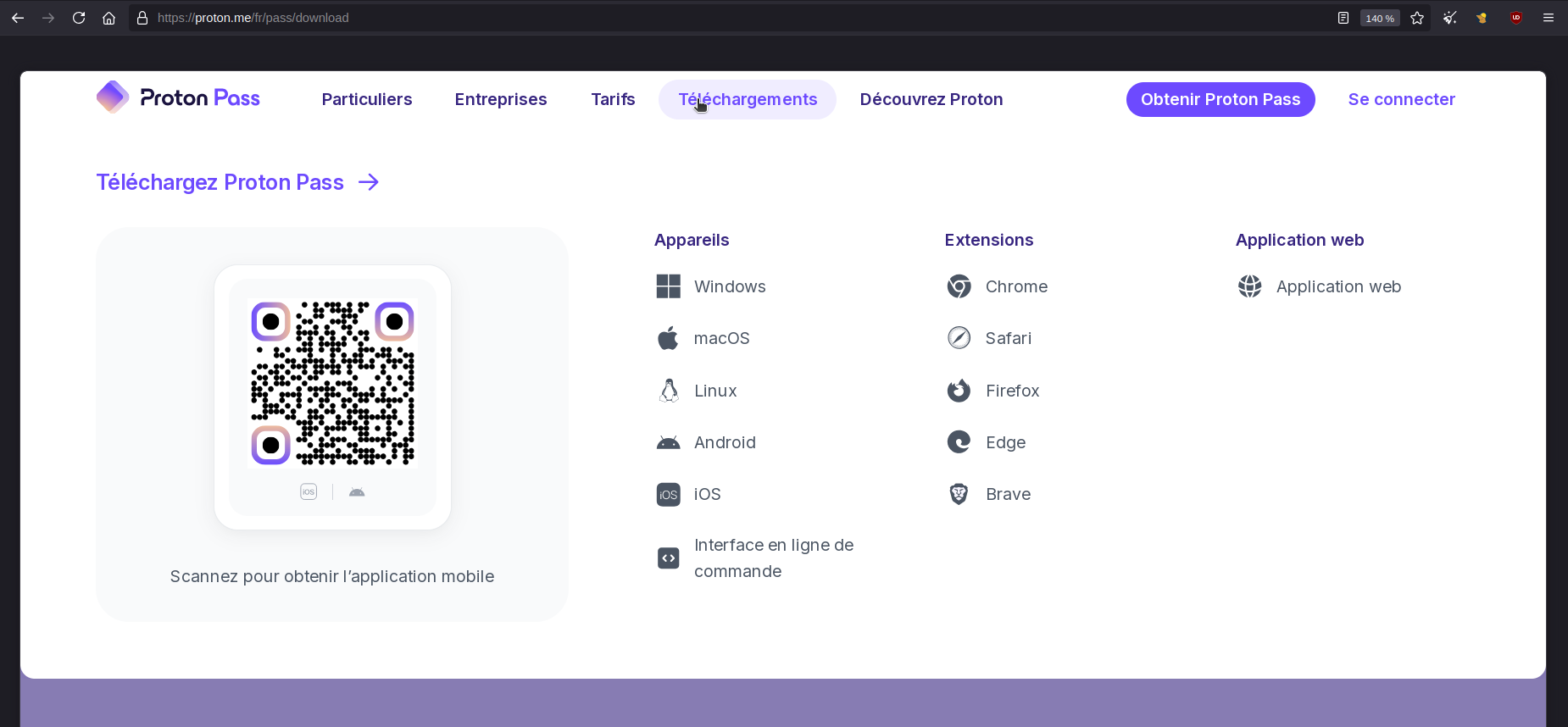 Page de téléchargement de Proton Pass montrant les versions Windows, macOS, Linux, Android, iOS, les extensions navigateur et un QR code pour l'application mobile.