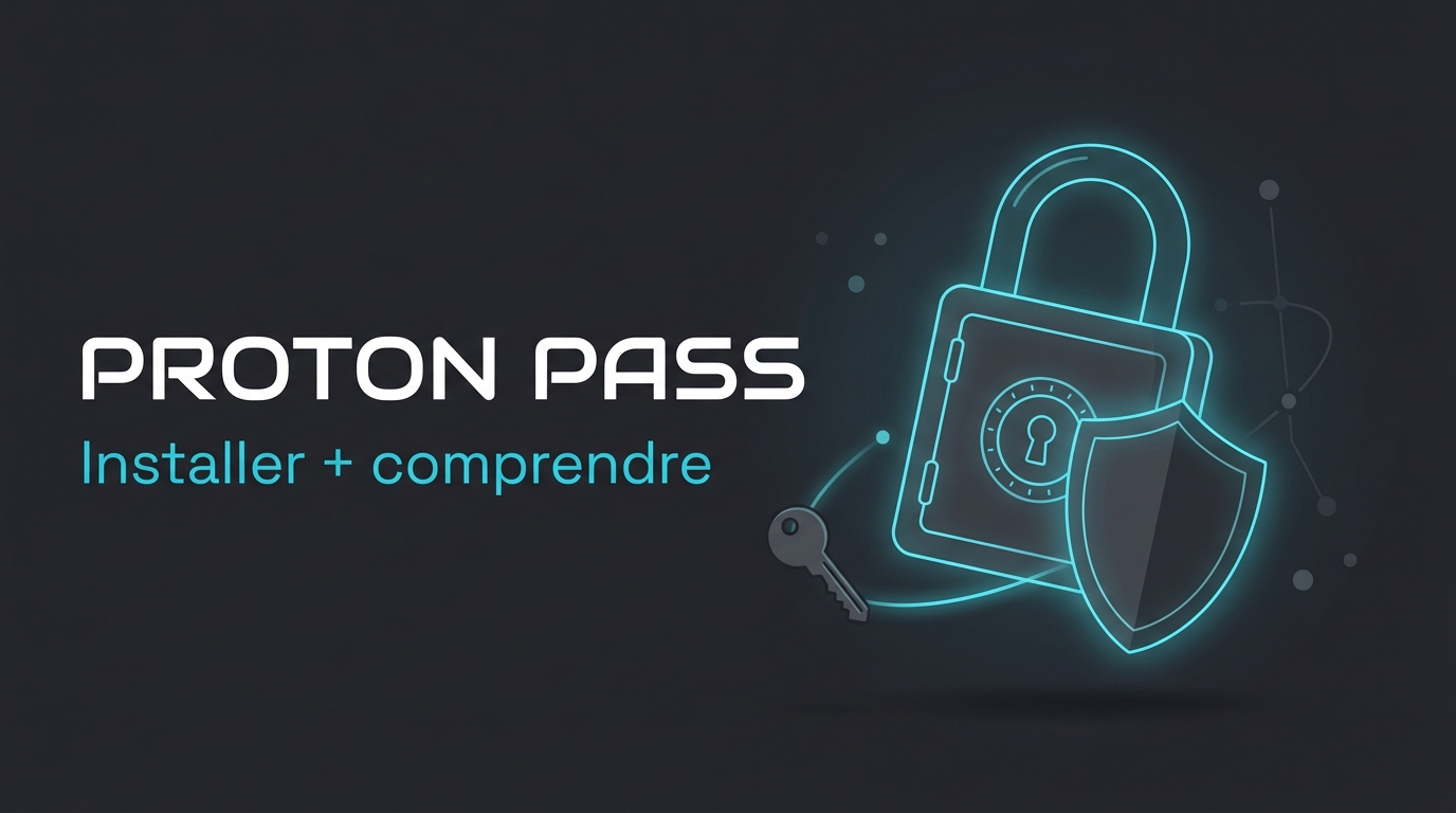 Cadenas cyan lumineux avec bouclier et clé, illustrant Proton Pass, avec le texte Installer + comprendre
