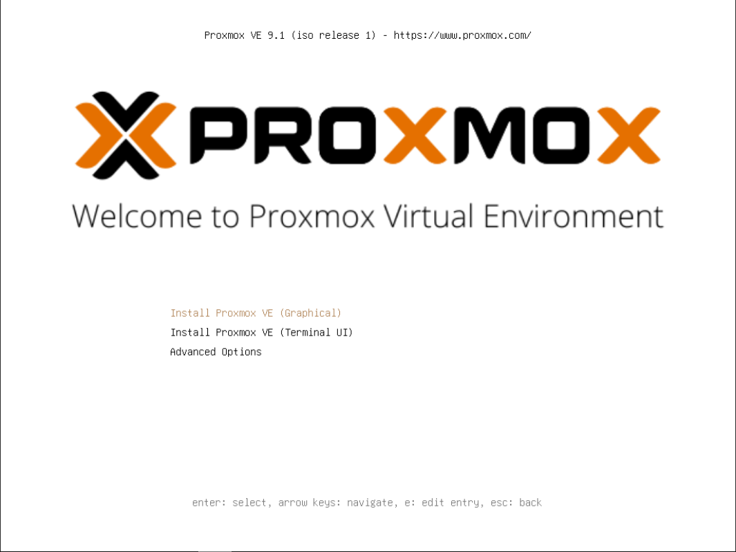 Lécran daccueil de linstalleur Install Proxmox VE