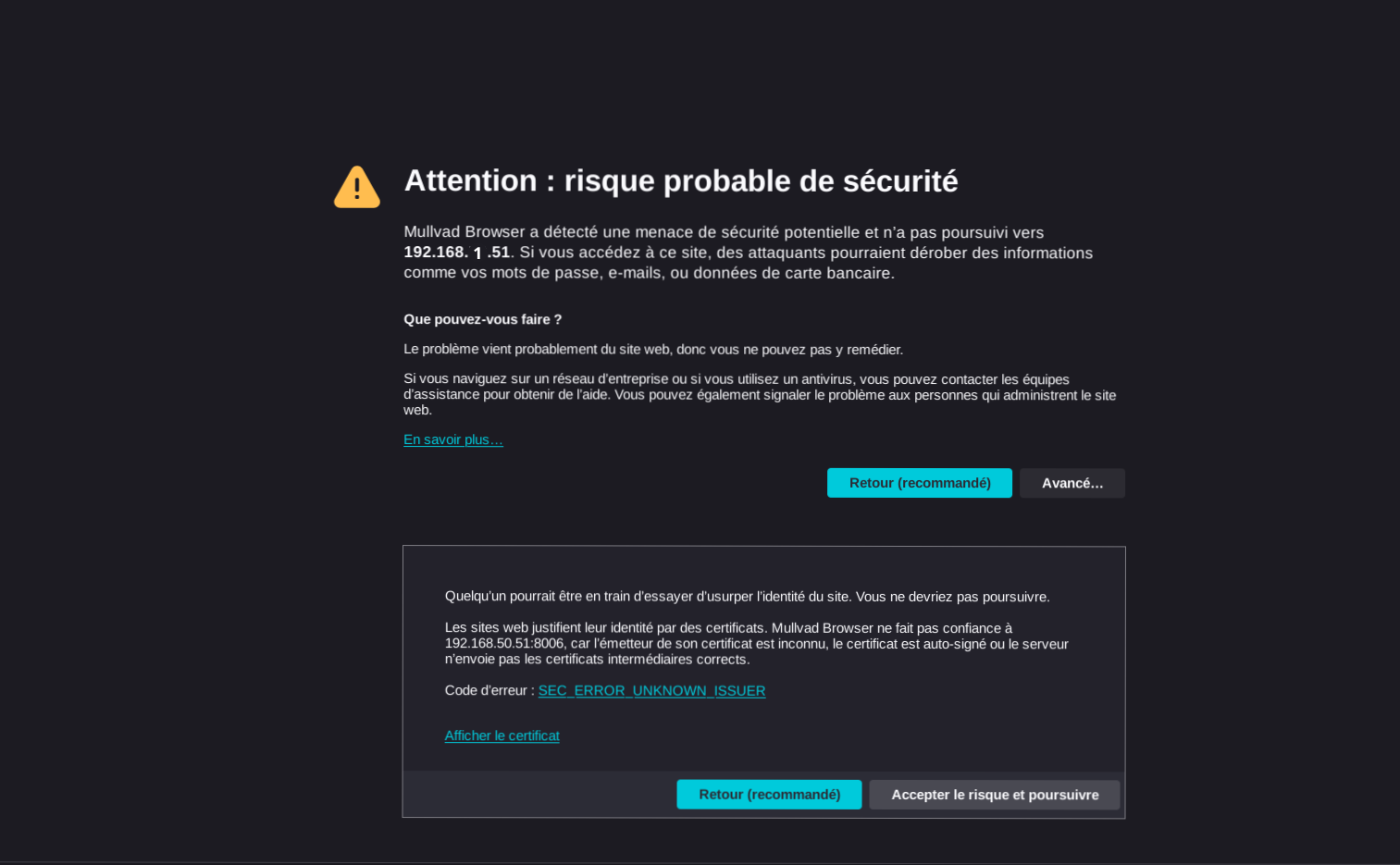Avertissement de certificat à la première connexion