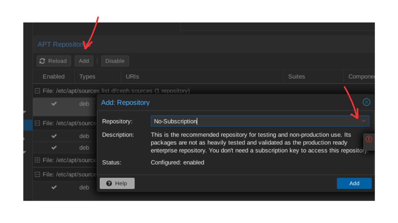 La fenêtre Add Repository on choisit NoSubscription