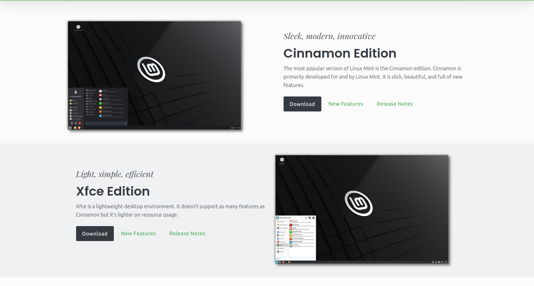page de choix de l'édition : Cinnamon Edition et Xfce Edition