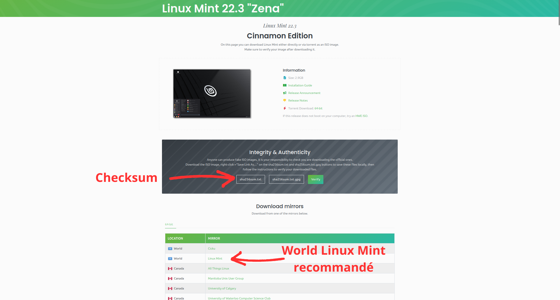 page de téléchargement 22.3 « Zena » : bloc Integrity & Authenticity et miroir « World – Linux Mint » recommandé