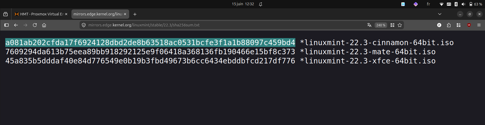 page sha256sum.txt, empreinte de l'édition Cinnamon surlignée