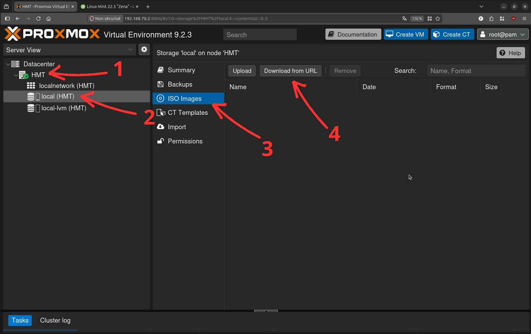 Storage local › ISO Images, liste vide, navigation annotée 1-2-3-4
