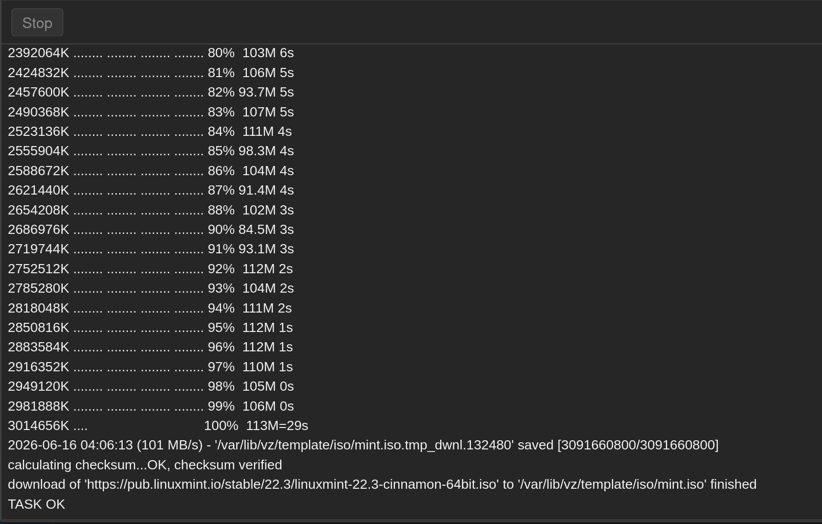 log de téléchargement : « calculating checksum...OK, checksum verified » et « TASK OK »