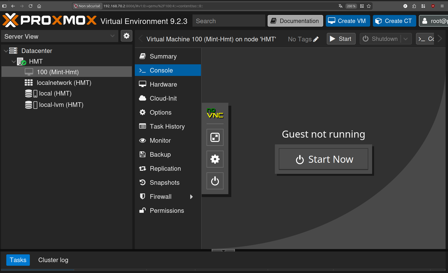 onglet Console : « Guest not running », bouton Start Now