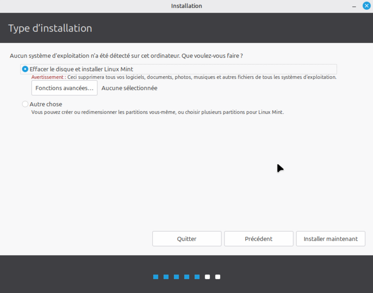 confirmation : écriture des partitions ESP et ext4 sur le disque virtuel