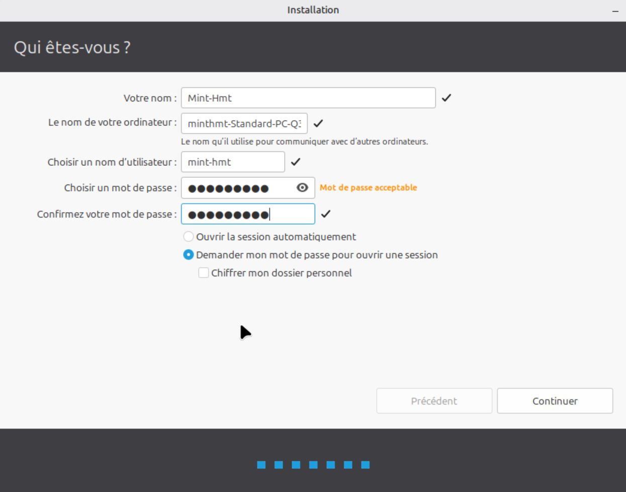« Qui êtes-vous ? » : nom, hostname, utilisateur mint-hmt, mot de passe