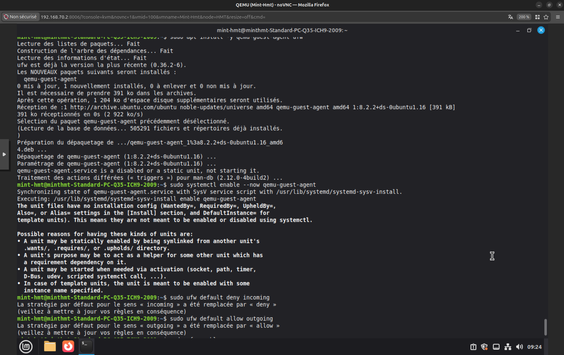 terminal : installation de qemu-guest-agent, activation du service, règles ufw