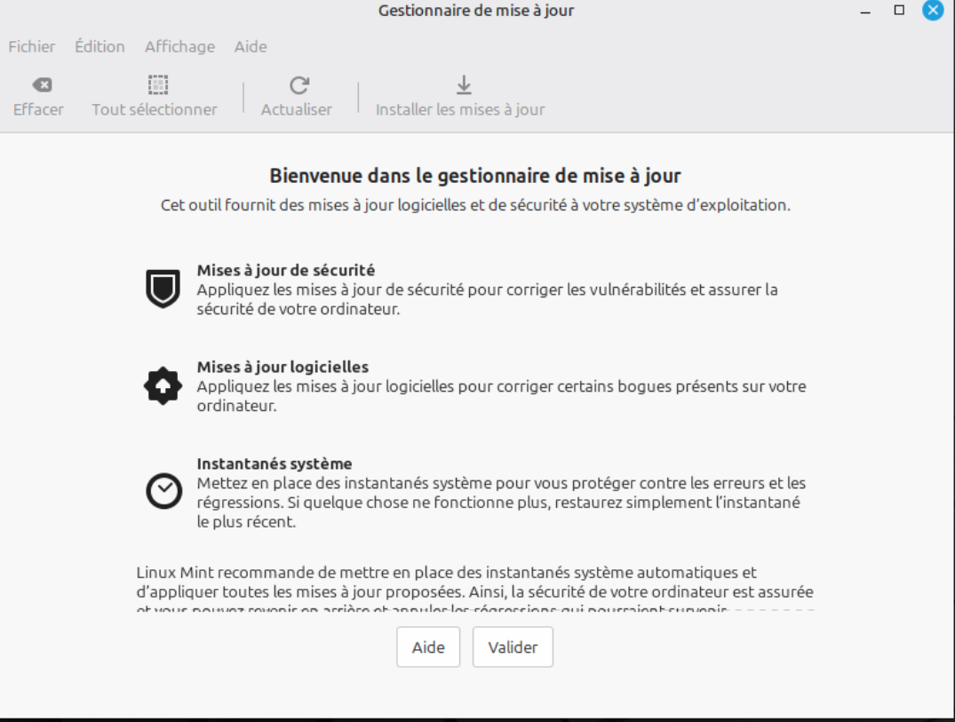 gestionnaire de mise à jour, écran d'accueil