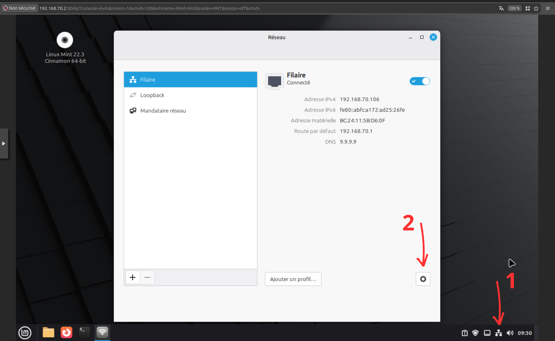 détails de la connexion filaire : IP 192.168.70.106, passerelle, DNS