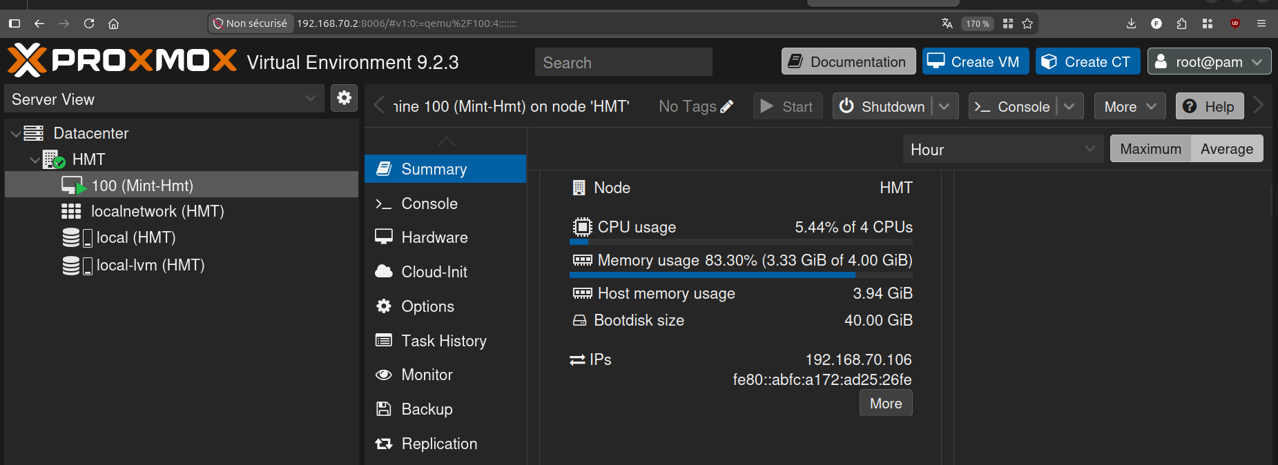Proxmox, onglet Summary : VM en marche, usage CPU/mémoire, IP remontée