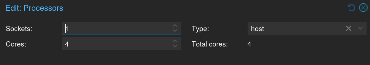 réglage des processeurs : Sockets 1, Cores 4, Type host, Total cores 4