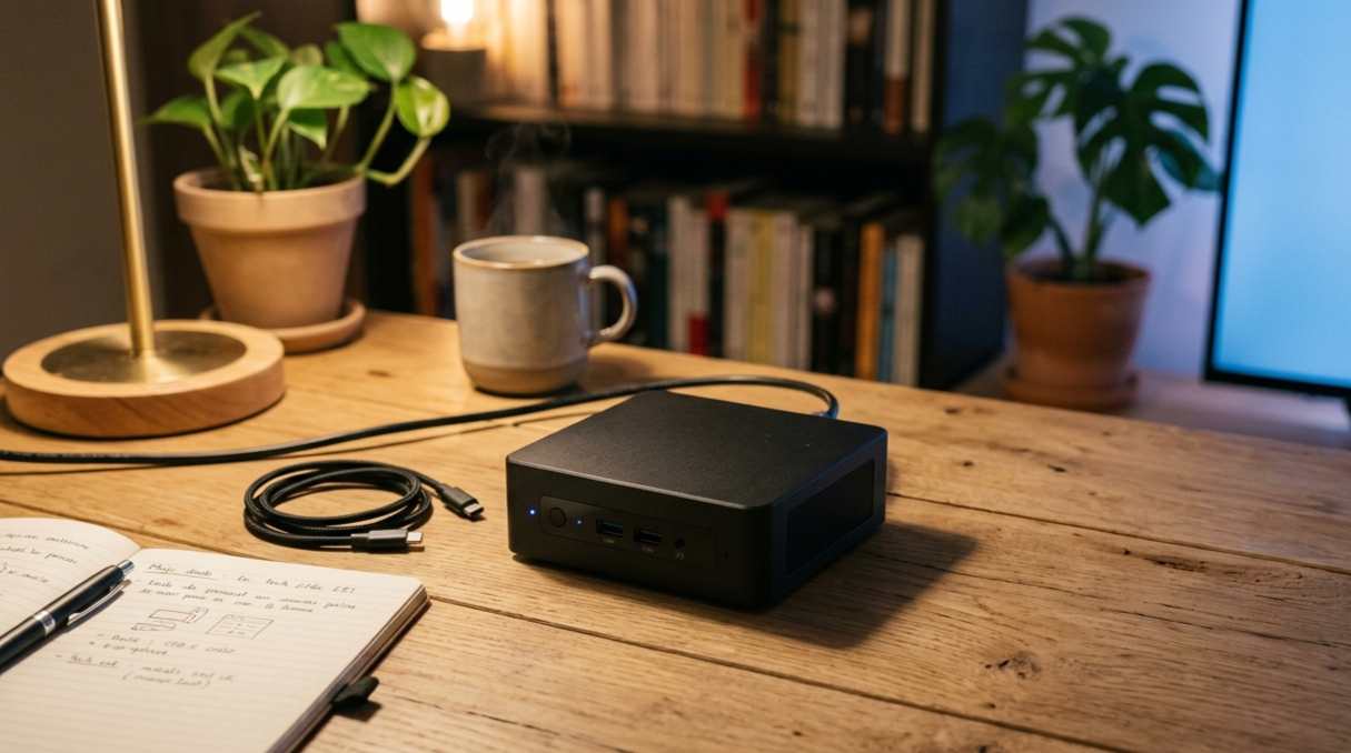 Mini-PC homelab posé sur un bureau, le soir, dans un intérieur cosy