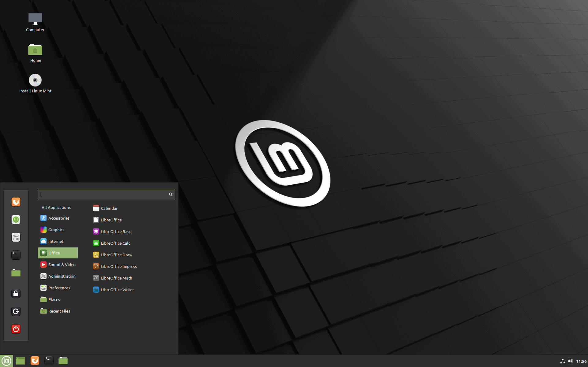 Bureau Linux Mint Cinnamon avec le menu d'applications ouvert sur la catégorie Office