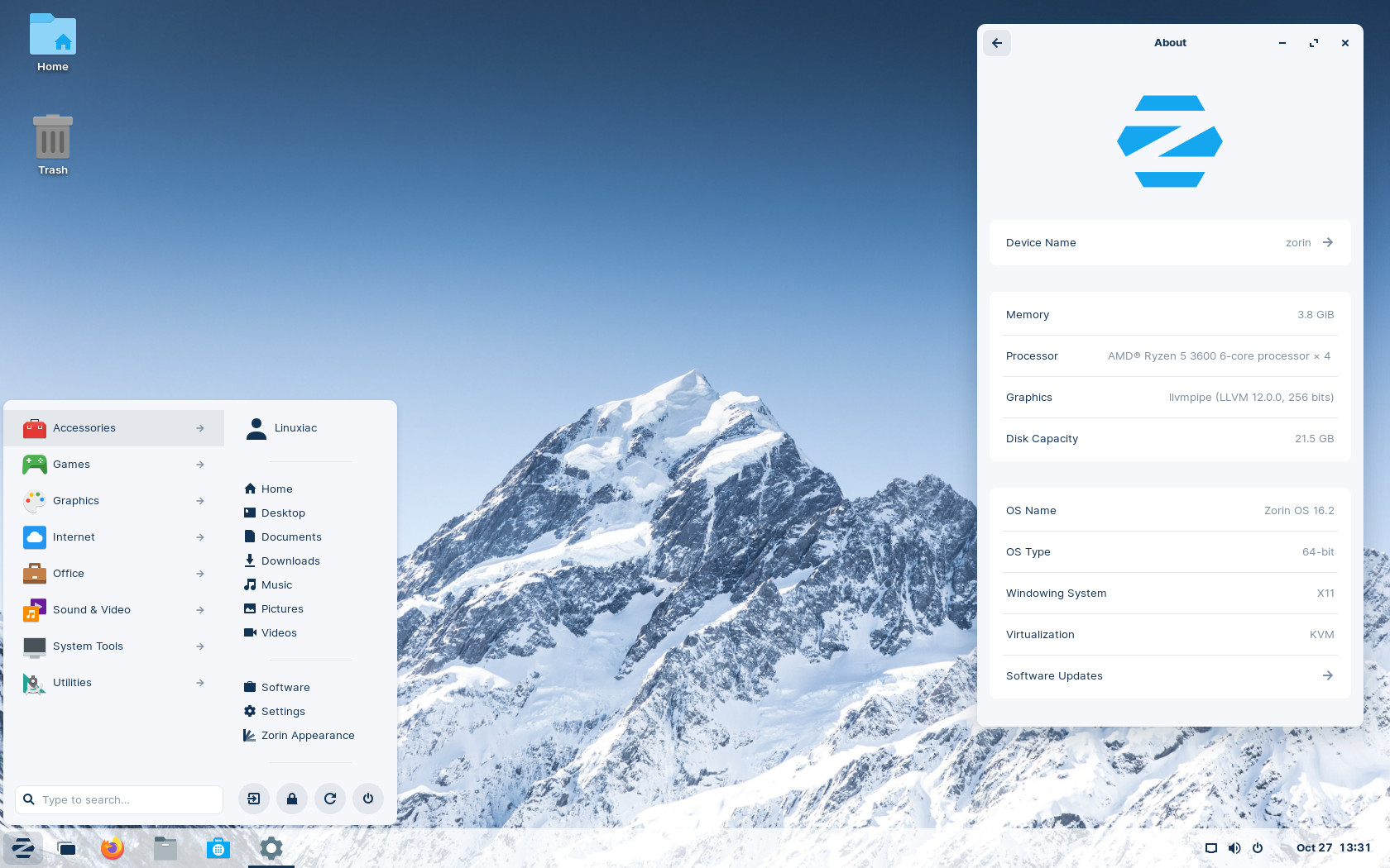 Bureau Zorin OS avec menu ouvert et fenêtre À propos