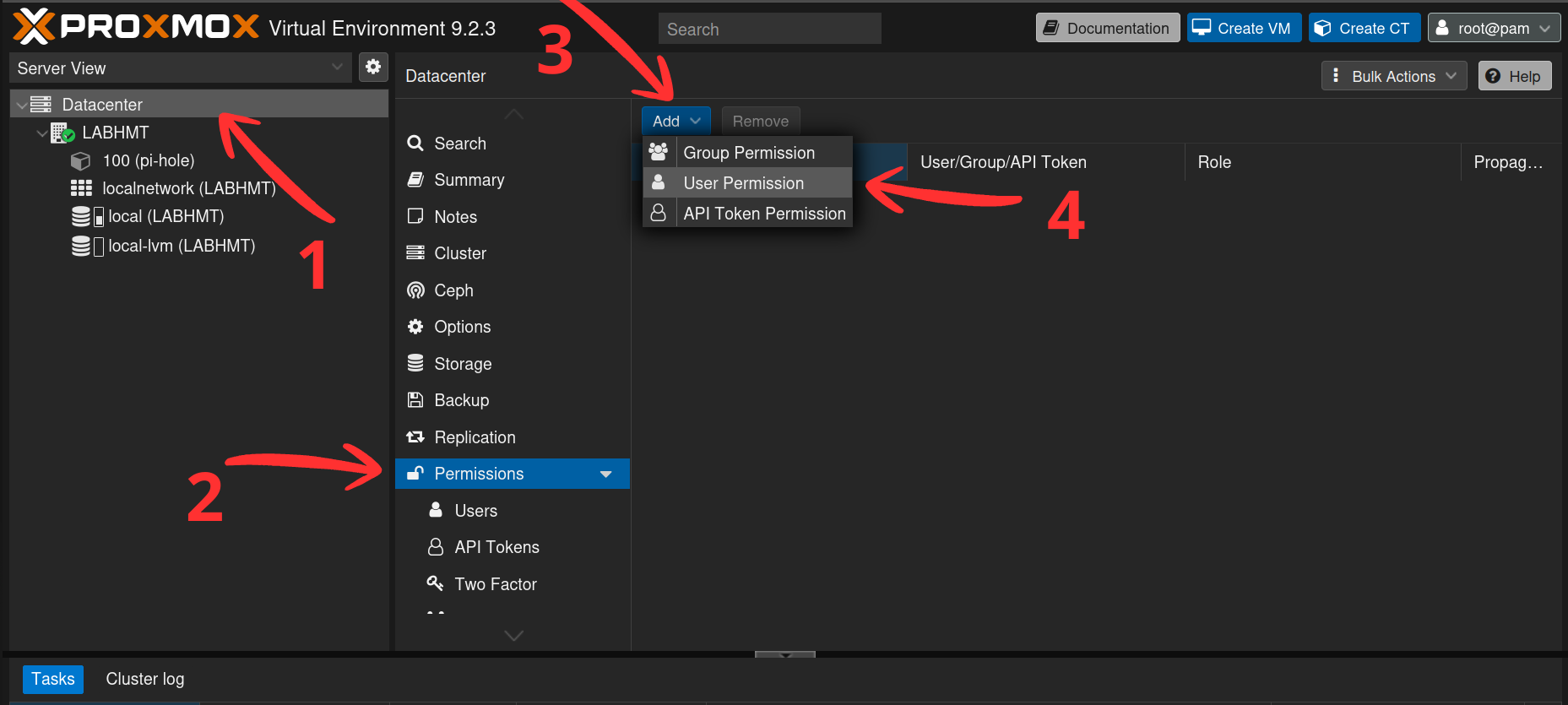 Menu Add proposant User Permission, Group Permission et API Token Permission