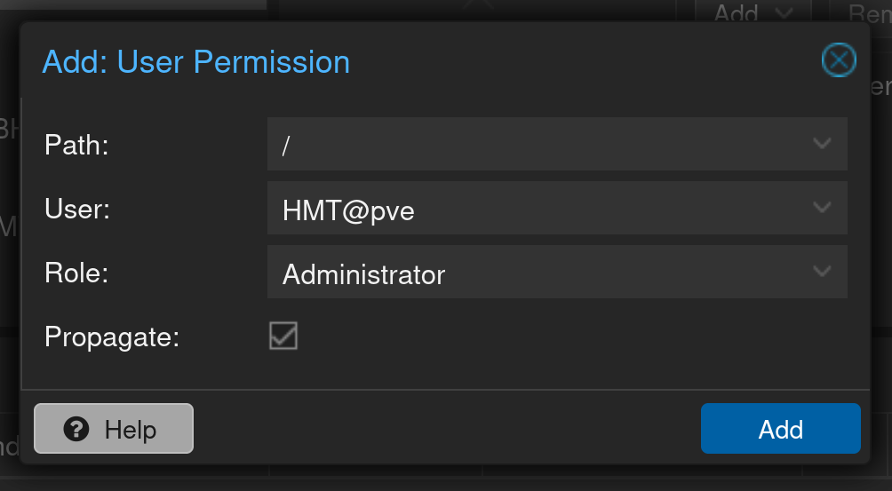 Fenêtre User Permission avec Path /, User ton-prenom@pve et Role Administrator