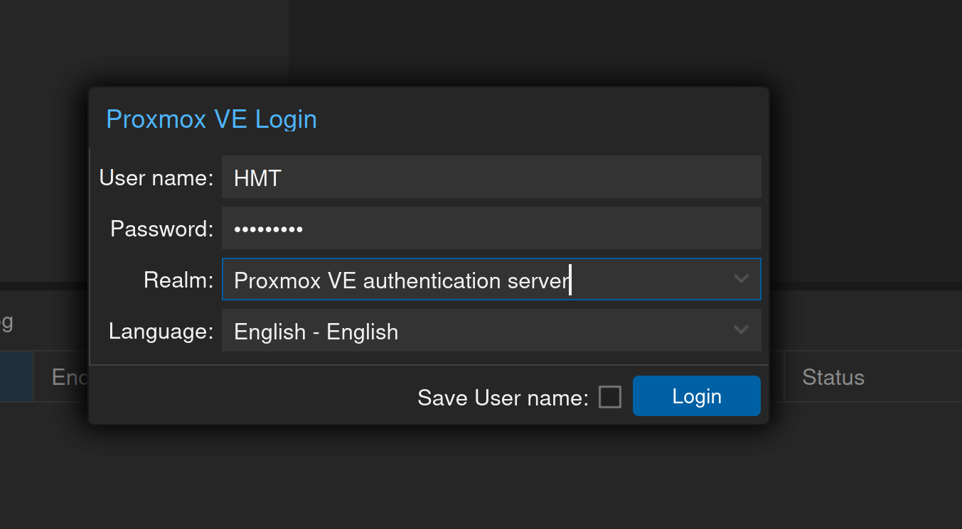 Écran de connexion avec le compte dédié et le realm Proxmox VE authentication server