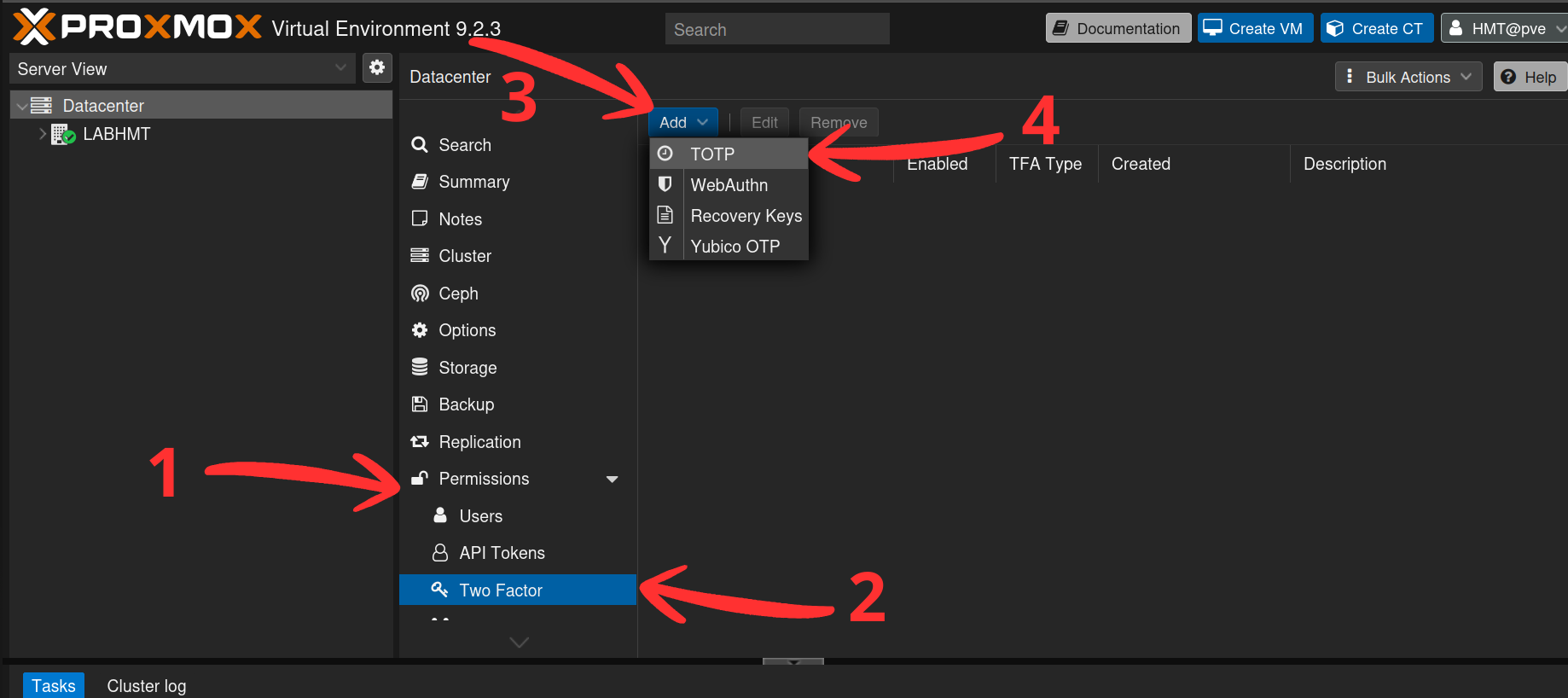 Menu Two Factor → Add proposant TOTP, WebAuthn, Recovery Keys et Yubico OTP
