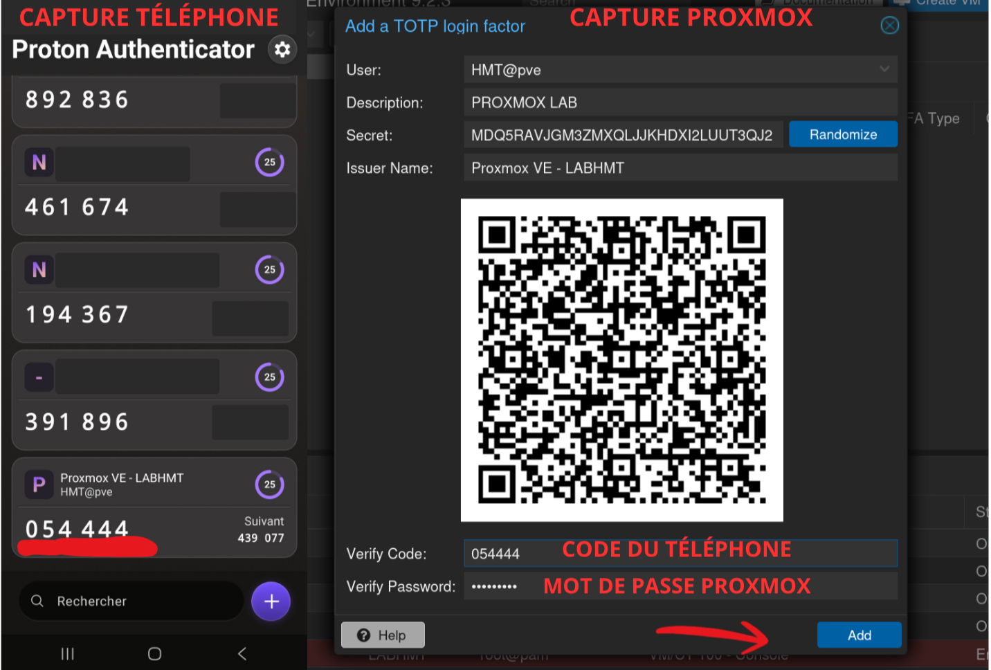 Fenêtre TOTP avec QR code, scanné dans Proton Authenticator