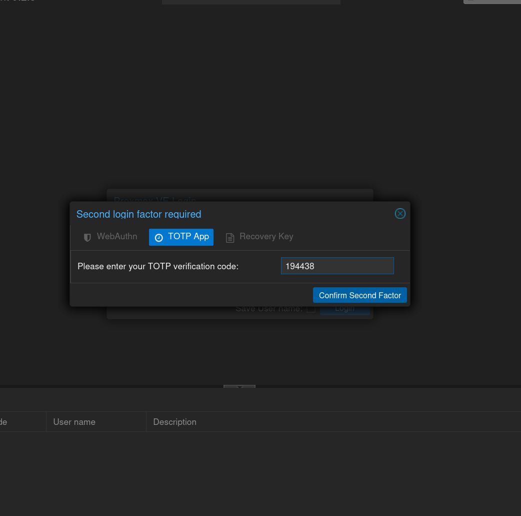 Écran « Second login factor required » réclamant le code TOTP