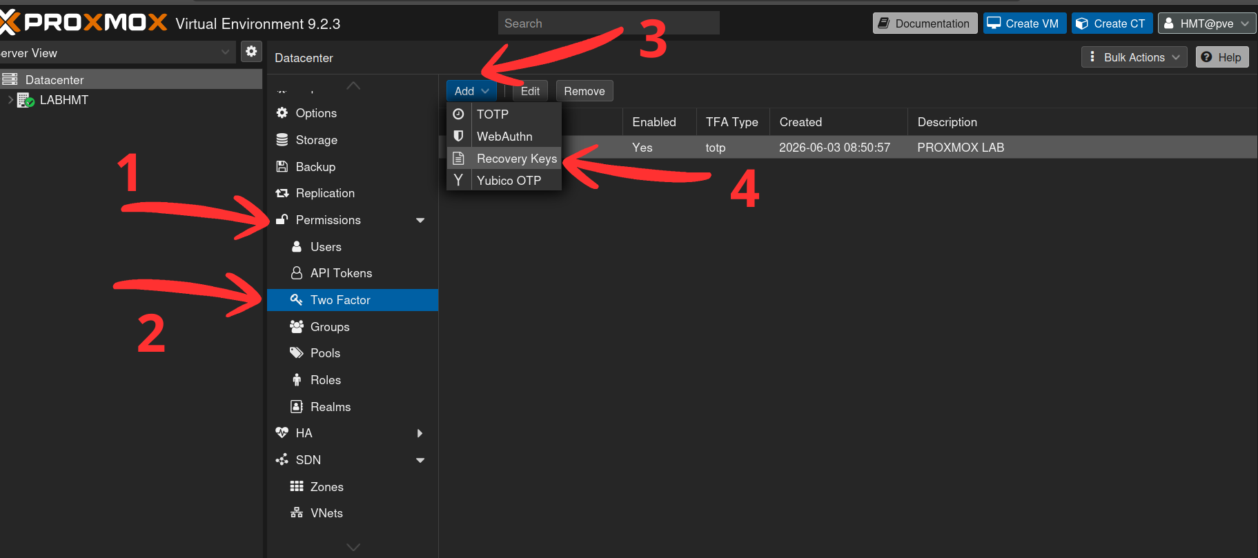 Menu Two Factor → Add → Recovery Keys