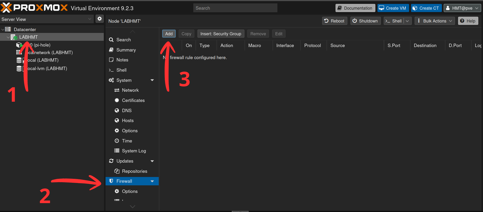 Node LABHMT → Firewall, aucune règle, bouton Add