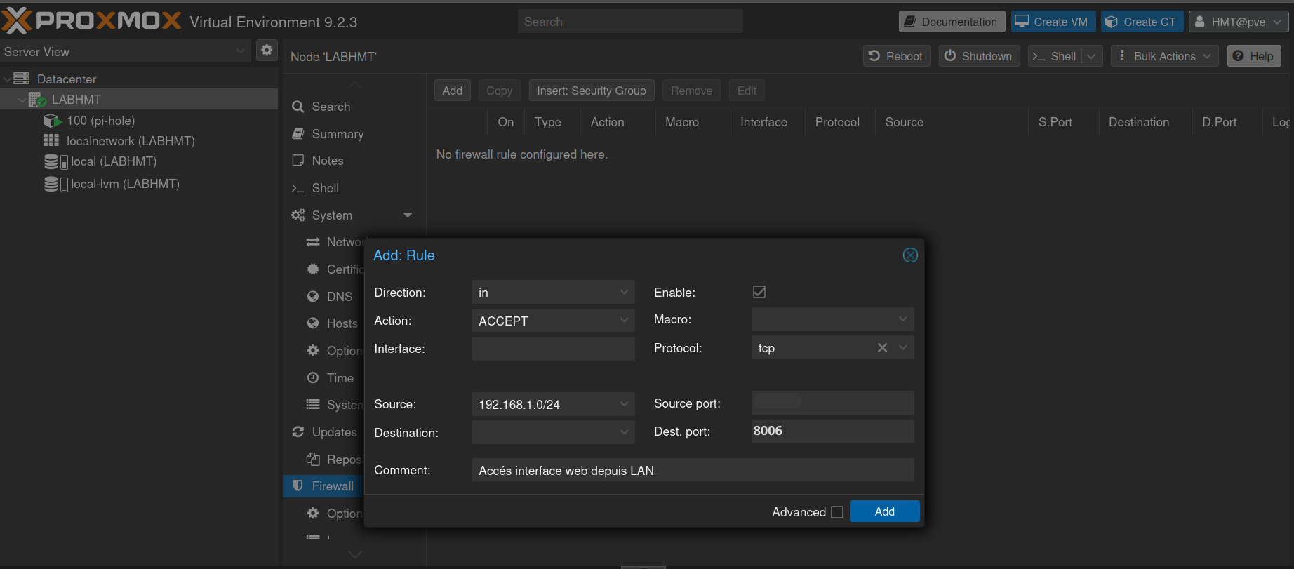 Fenêtre Add: Rule avec Dest. port 8006 et Source port vide