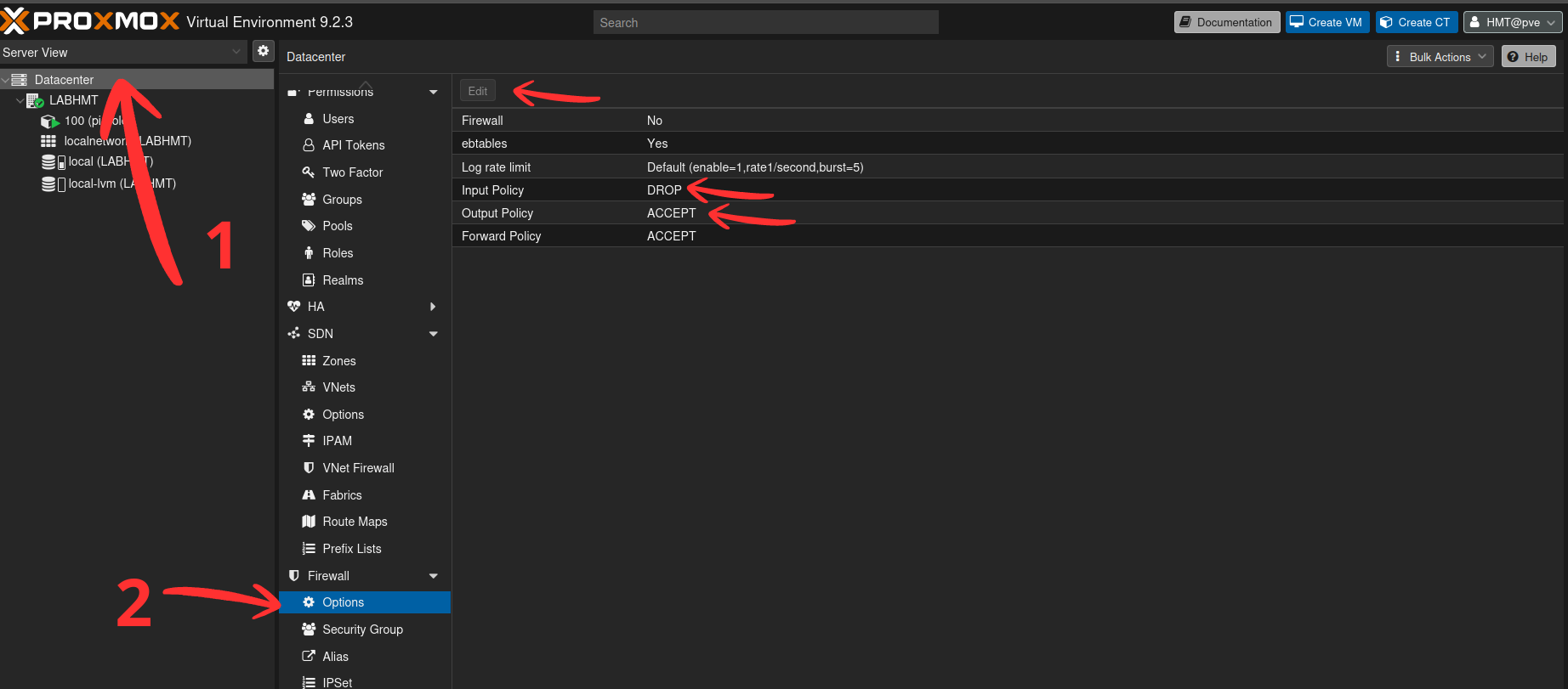 Datacenter → Firewall → Options avec Input Policy DROP et Output Policy ACCEPT