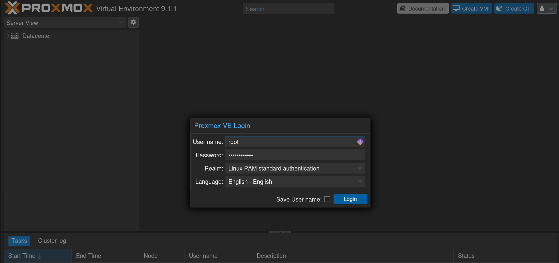 Écran de login Proxmox, connexion avec root@pam