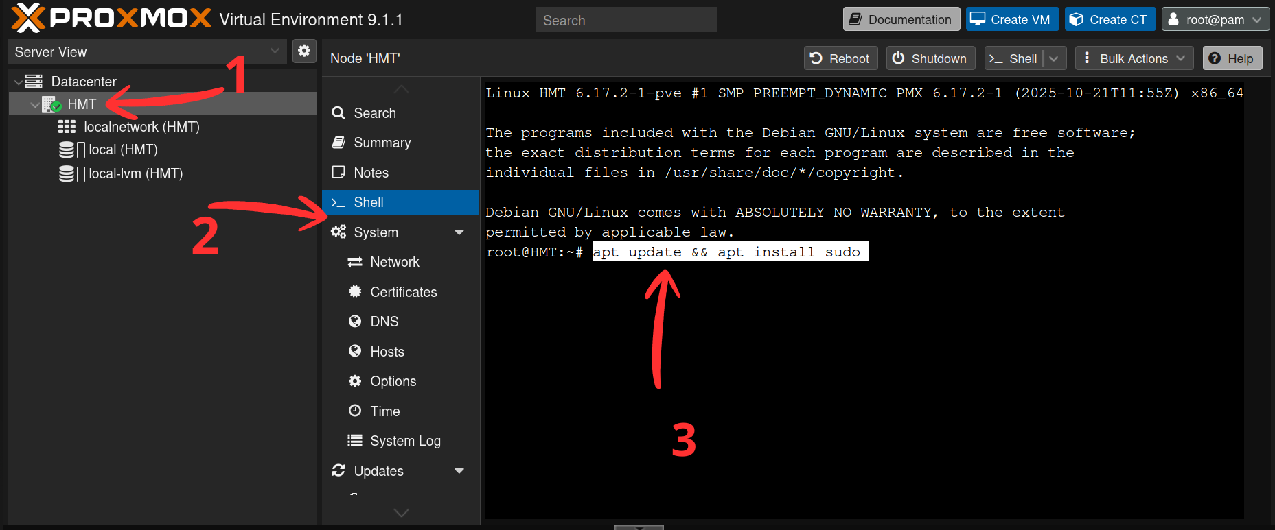 Commande apt update && apt install sudo dans le shell Proxmox