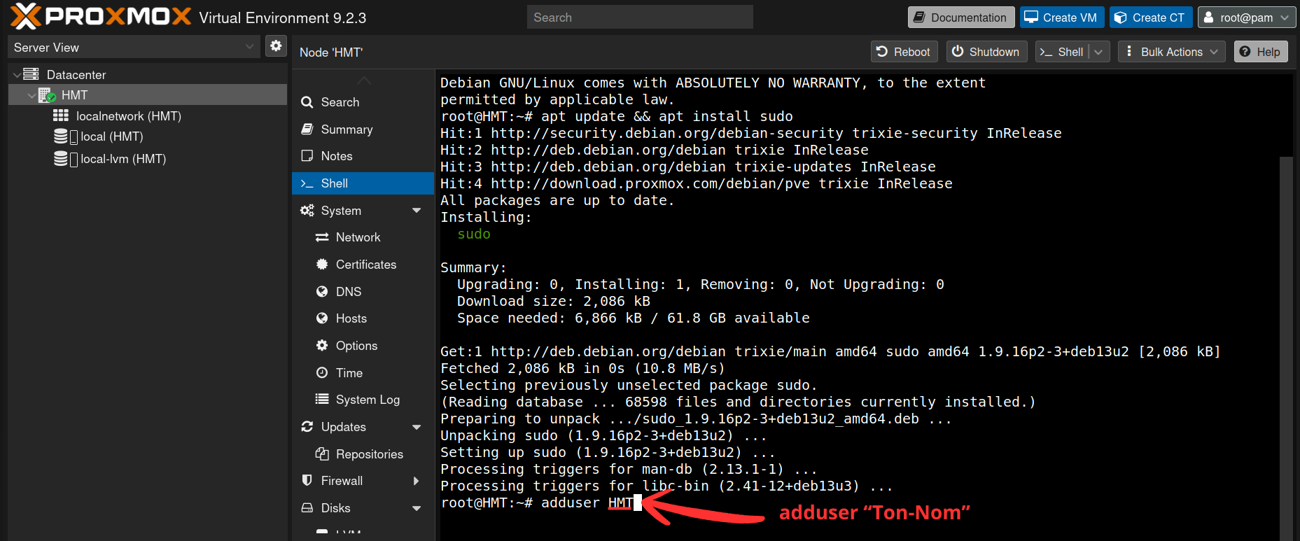 Installation de sudo terminée, puis adduser HMT