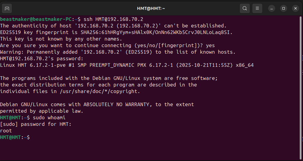 sudo whoami renvoyant root dans la session HMT