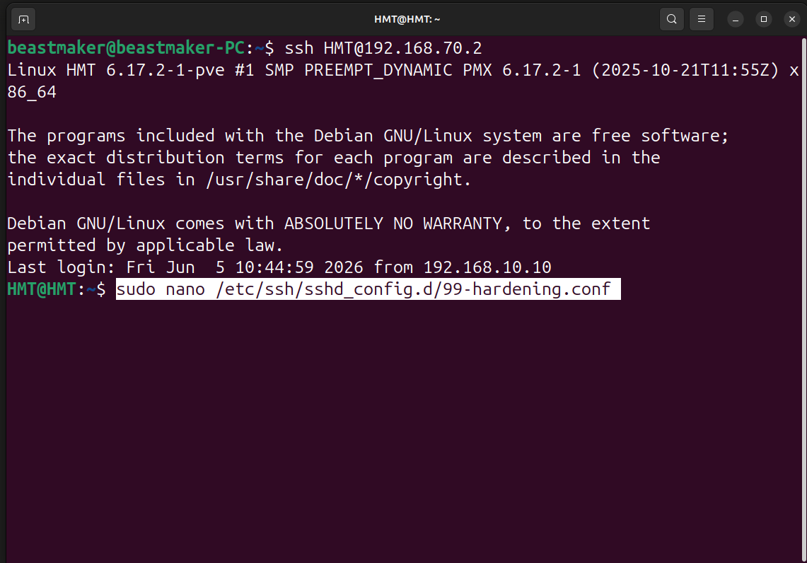 Commande sudo nano /etc/ssh/sshd_config.d/99-hardening.conf