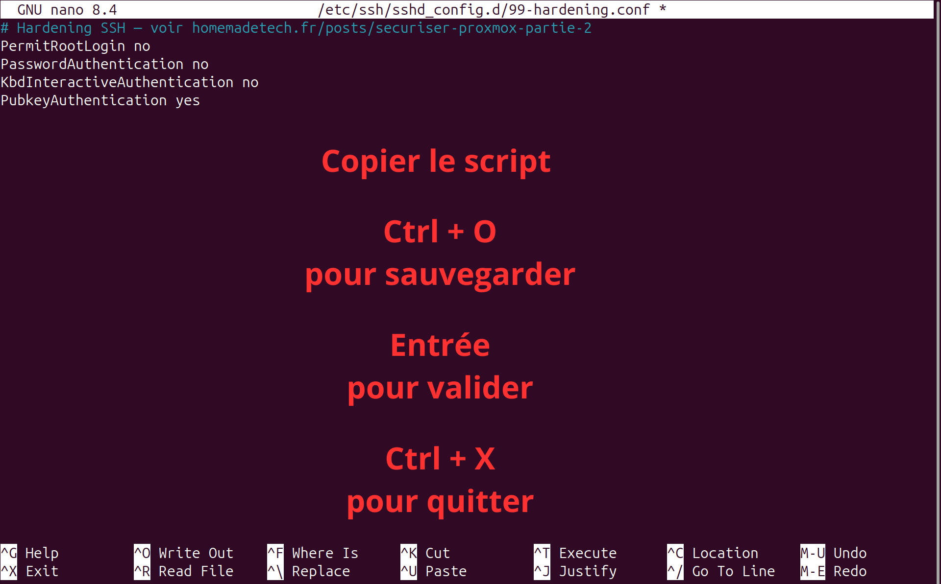 Fichier 99-hardening.conf ouvert dans nano avec les quatre directives