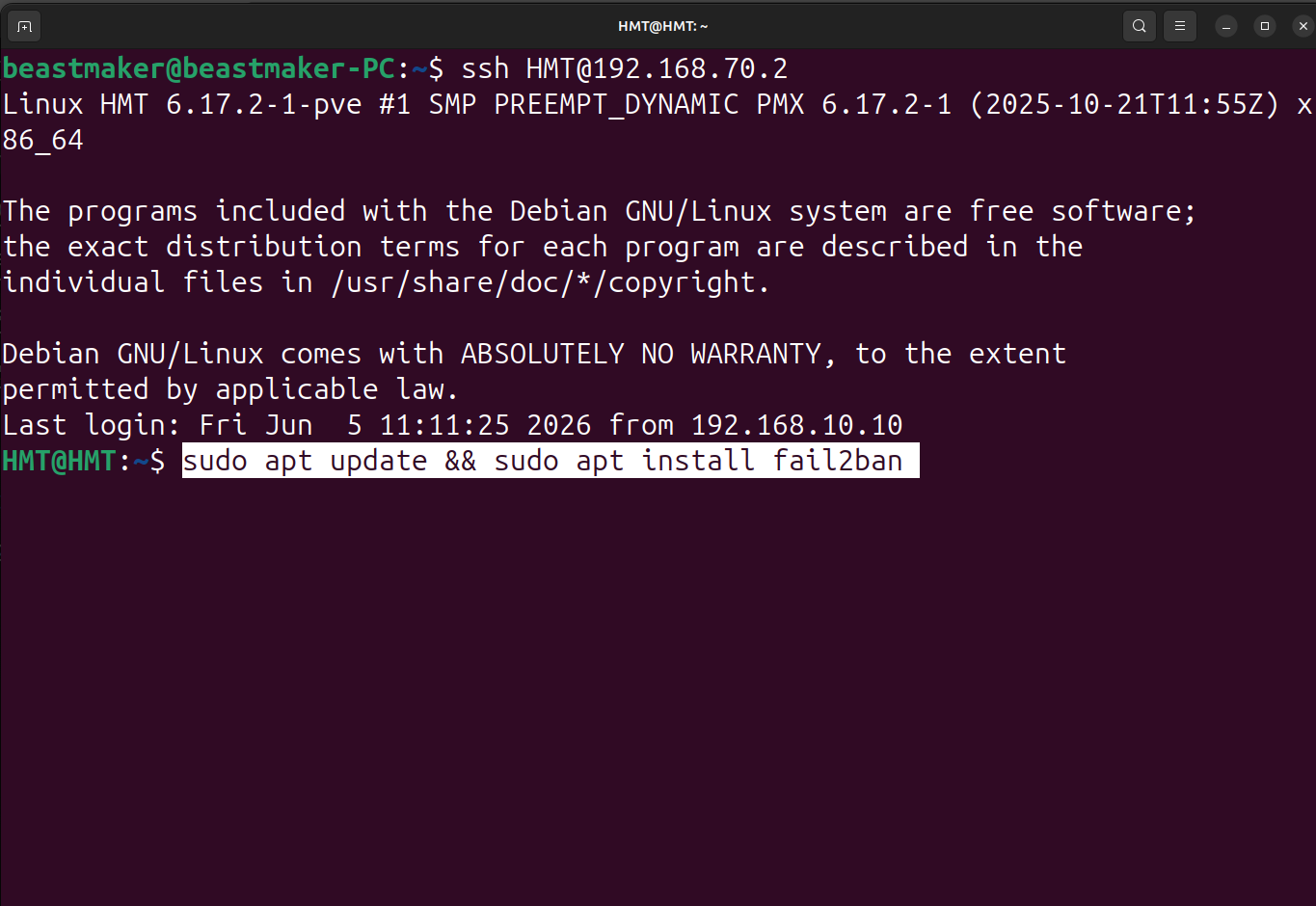 Commande sudo apt update && sudo apt install fail2ban
