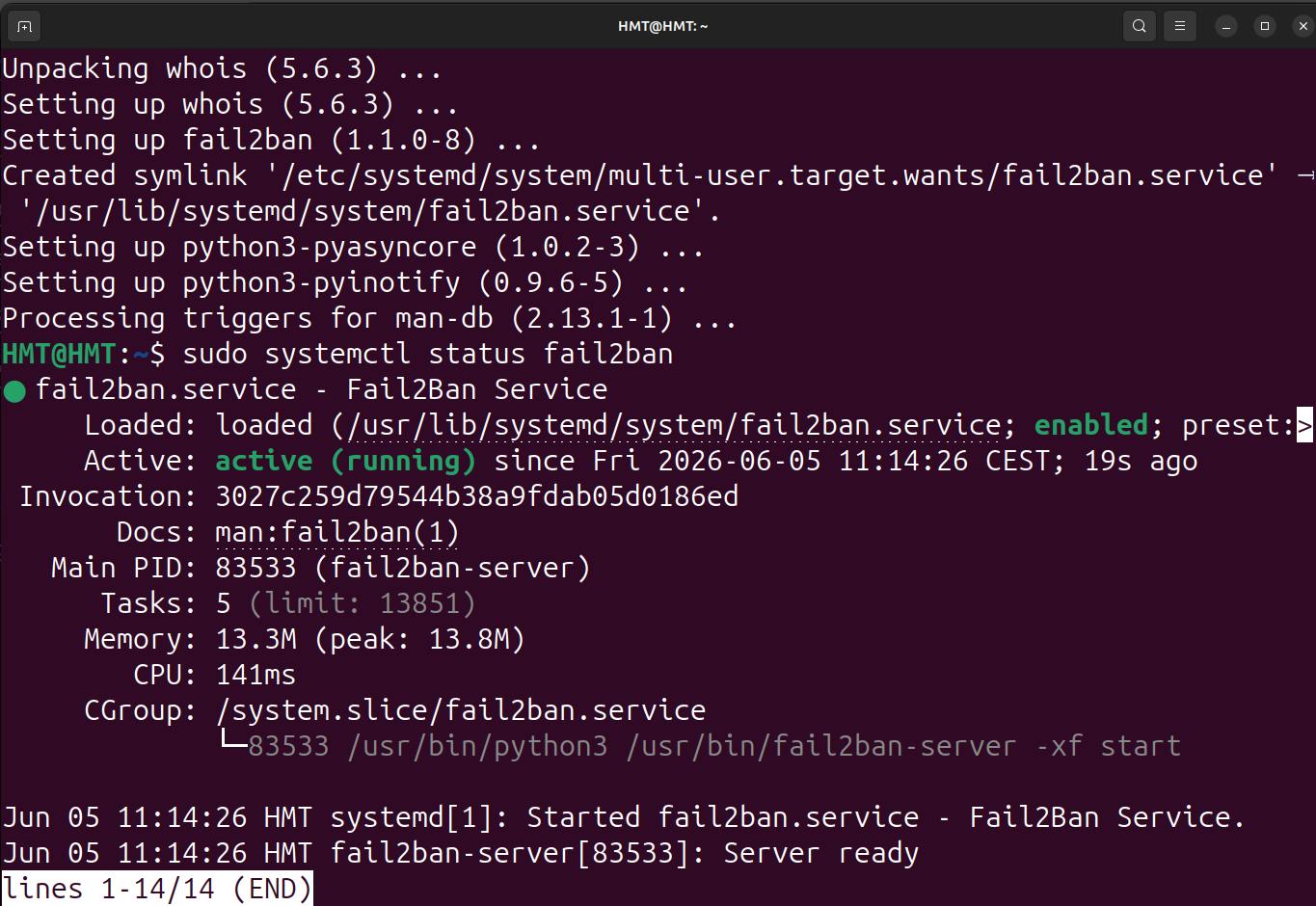 systemctl status fail2ban montrant active (running)