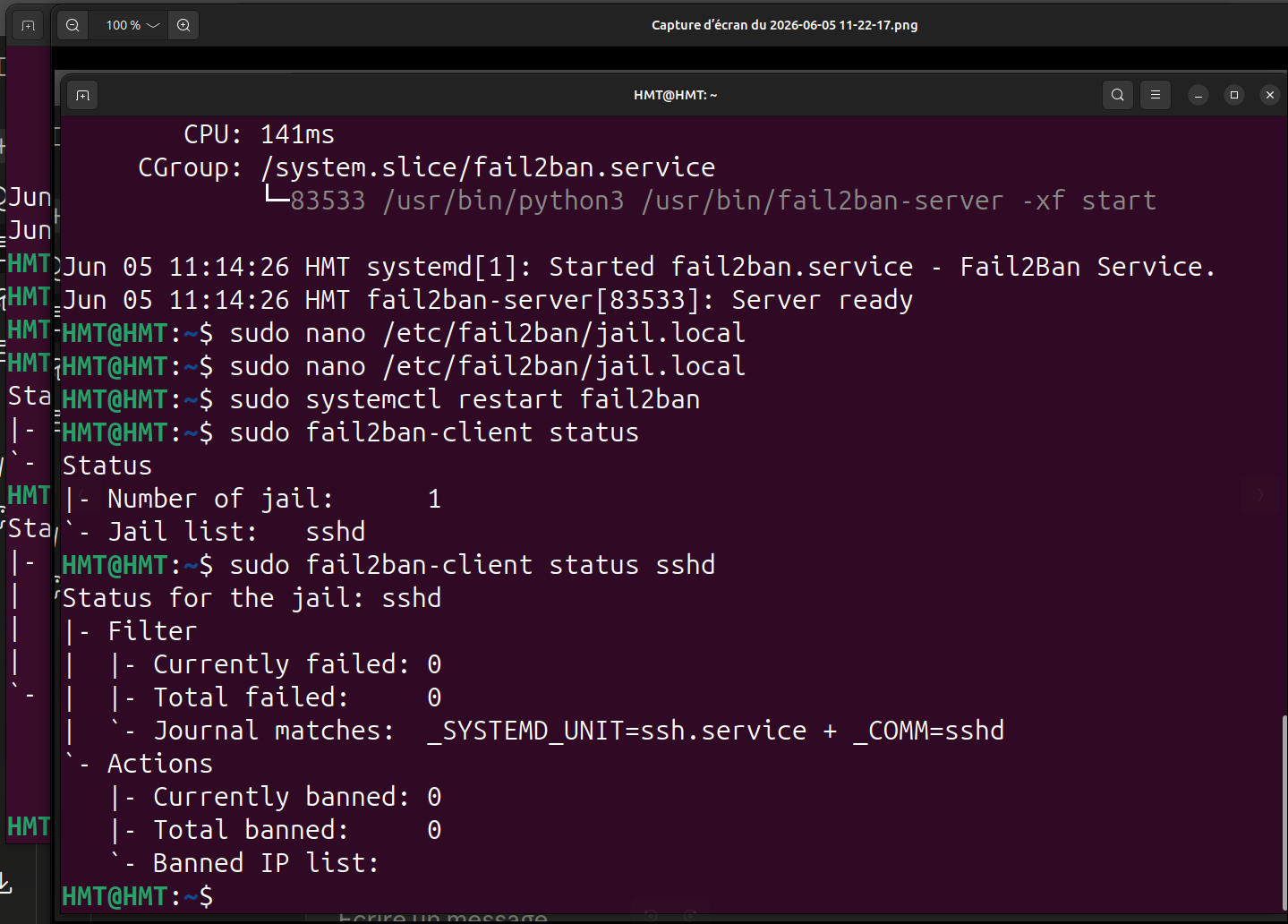 Sortie de fail2ban-client status sshd avec la jail active