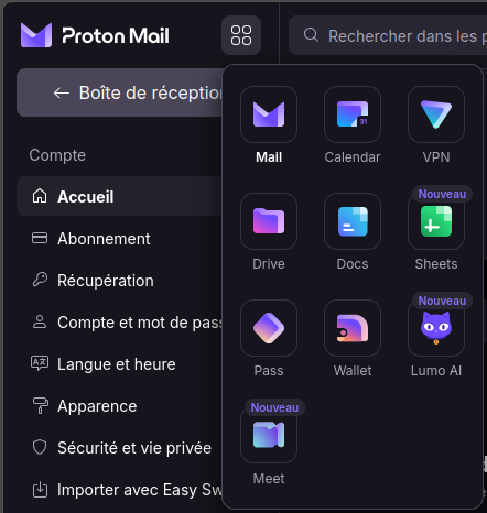 Sélecteur d'applications Proton : Mail, Calendar, VPN, Drive, Docs, Sheets, Pass, Wallet, Lumo et Meet